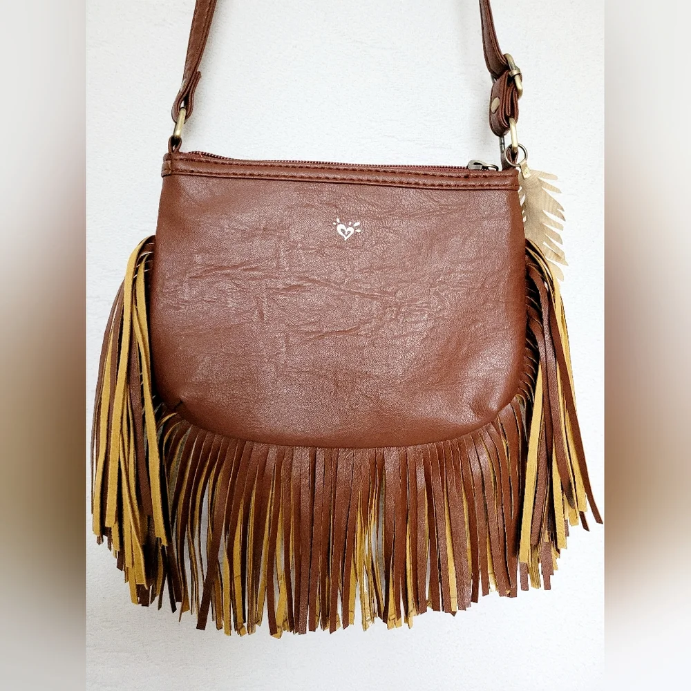 Justice Boho Fringe Faux Leather Crossbody Bag Letter 